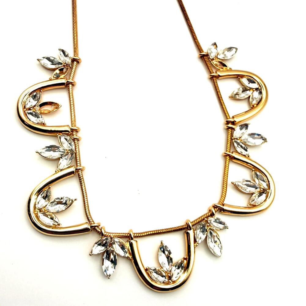 INC Scalloped Gold Tone Crystal Marquise Leaf Bib Necklace 18"+3" Snake Chain